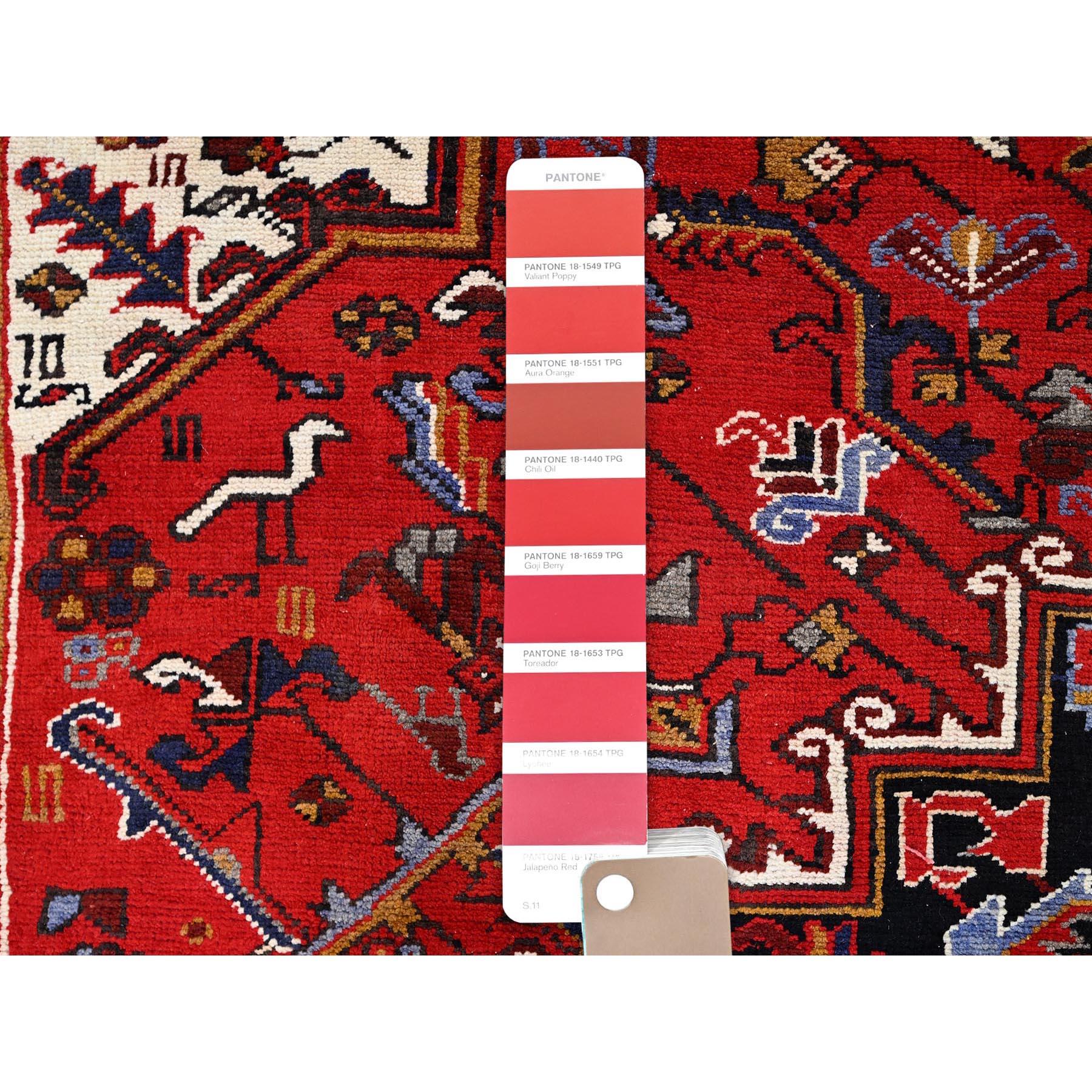 Red Hand Knotted Worn Down Vintage Wool Persian Heriz with Tribal Ambience Rug For Sale 2