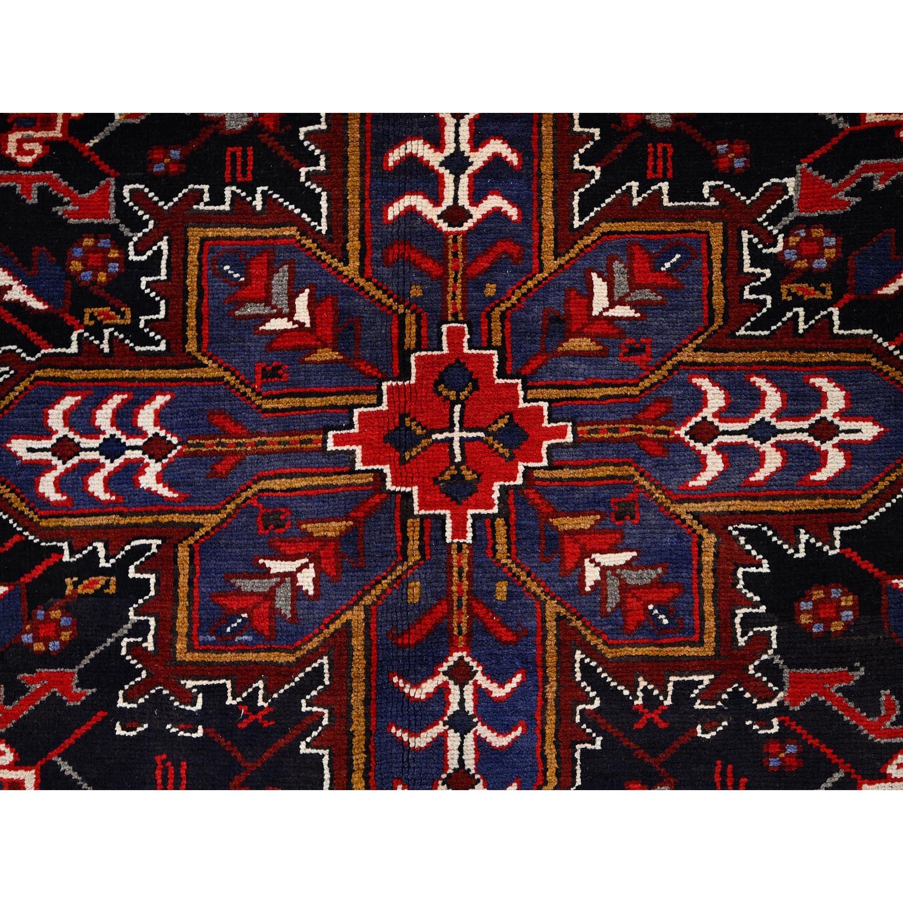 Red Hand Knotted Worn Down Vintage Wool Persian Heriz with Tribal Ambience Rug For Sale 3