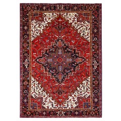 Red Hand Knotted Worn Down Vintage Wool Persian Heriz with Tribal Ambience Rug