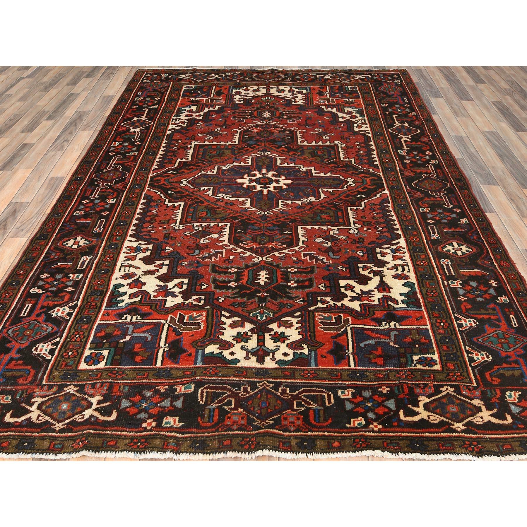 Heriz Serapi Red Hand Knotted Worn Wool Vintage Persian Heriz Good Condition Cleaned Rug For Sale