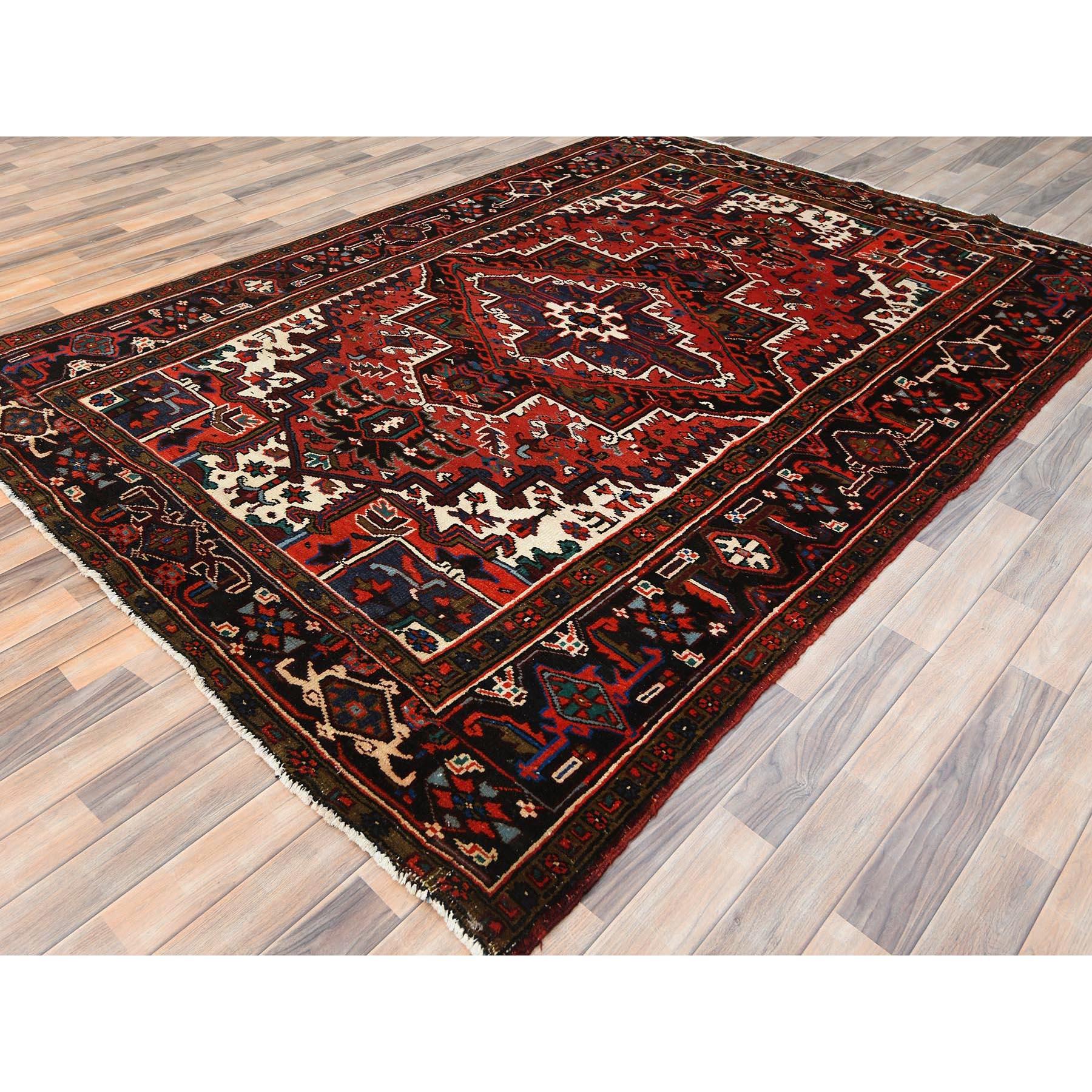 Hand-Knotted Red Hand Knotted Worn Wool Vintage Persian Heriz Good Condition Cleaned Rug For Sale