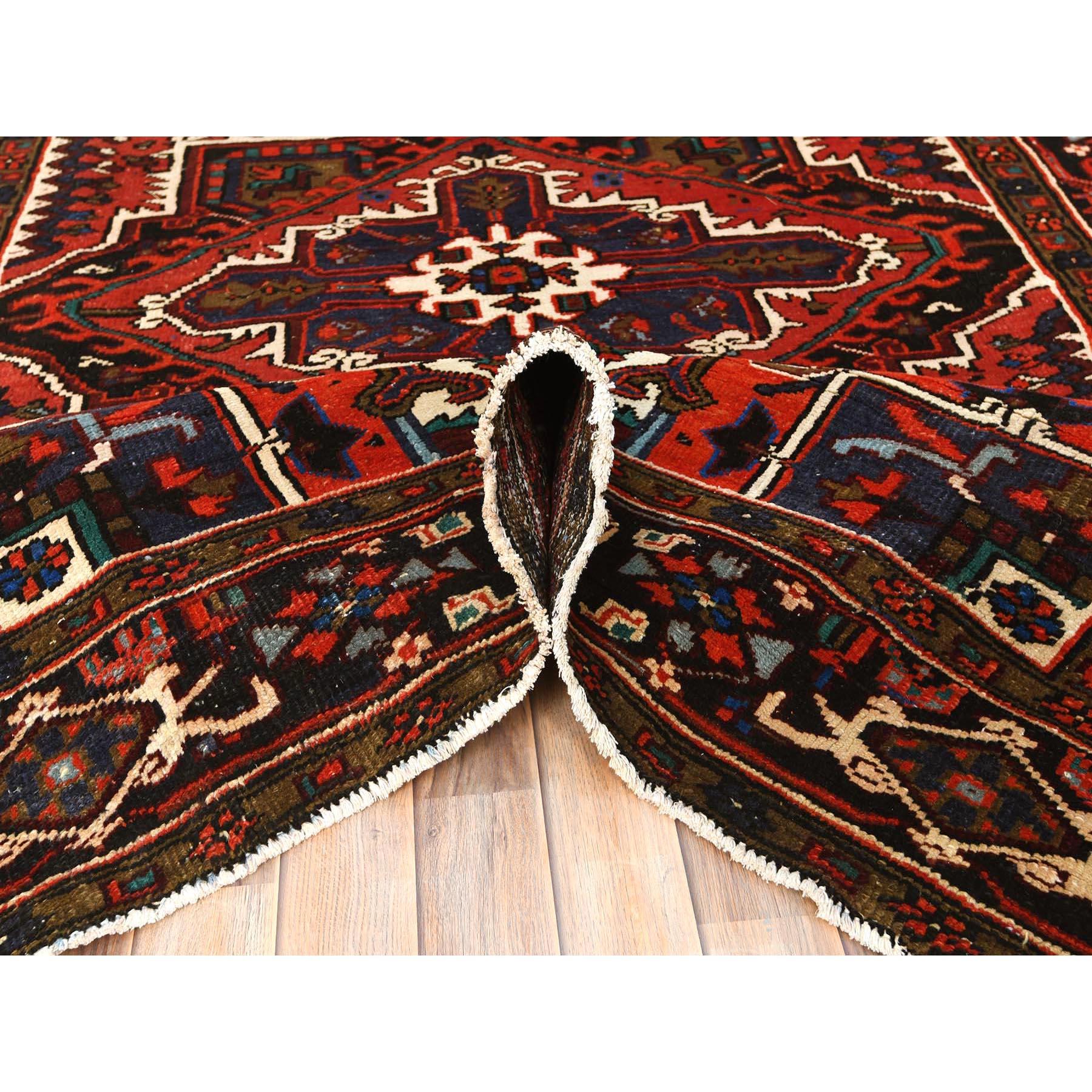 Mid-20th Century Red Hand Knotted Worn Wool Vintage Persian Heriz Good Condition Cleaned Rug For Sale