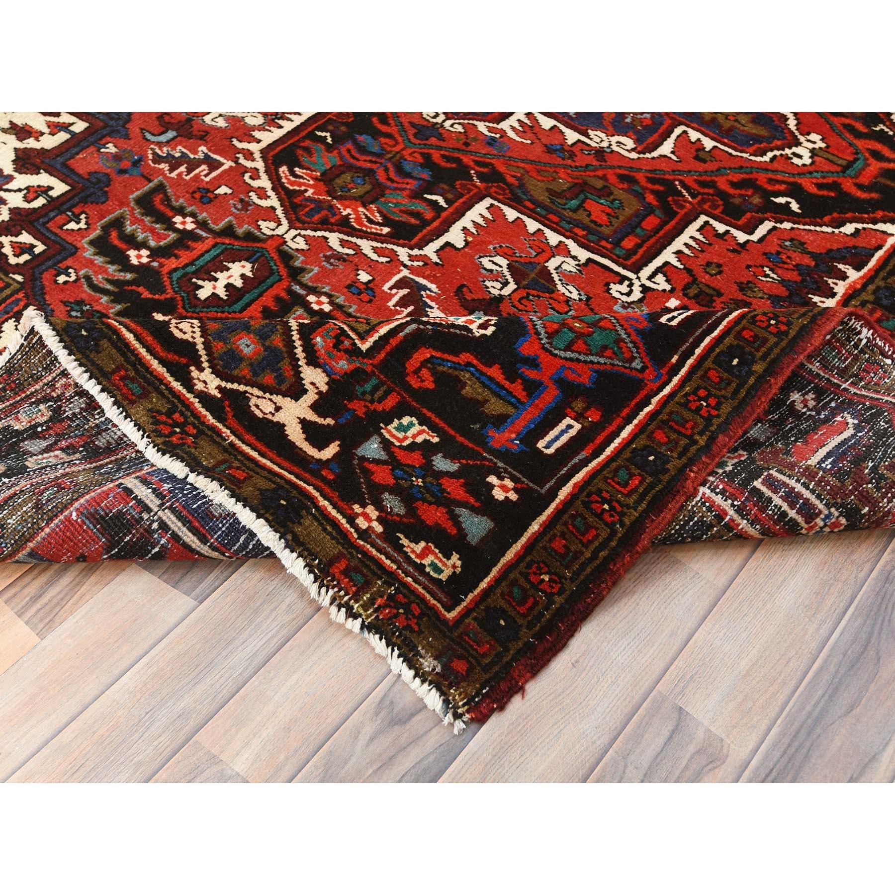 Red Hand Knotted Worn Wool Vintage Persian Heriz Good Condition Cleaned Rug For Sale 1