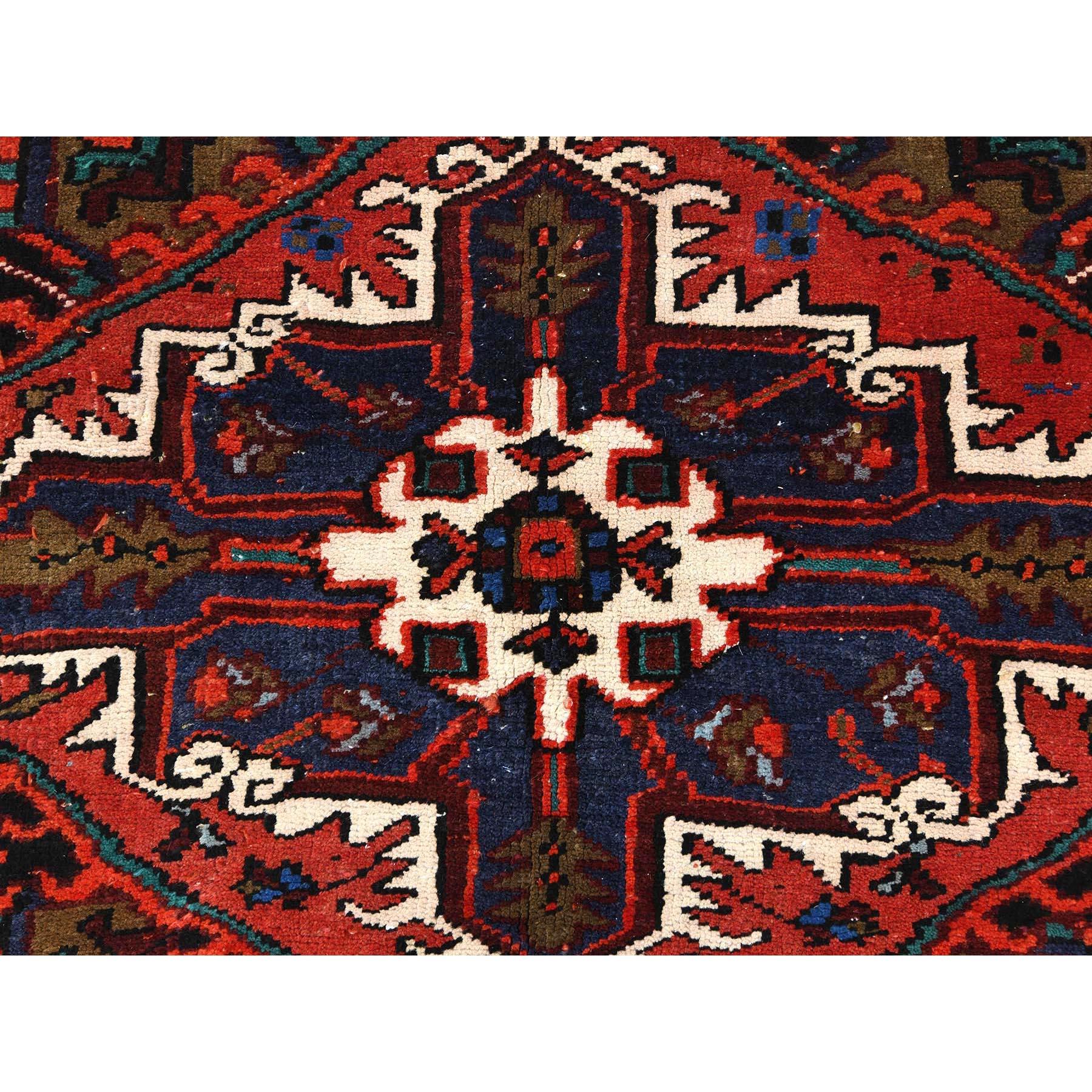 Red Hand Knotted Worn Wool Vintage Persian Heriz Good Condition Cleaned Rug For Sale 3