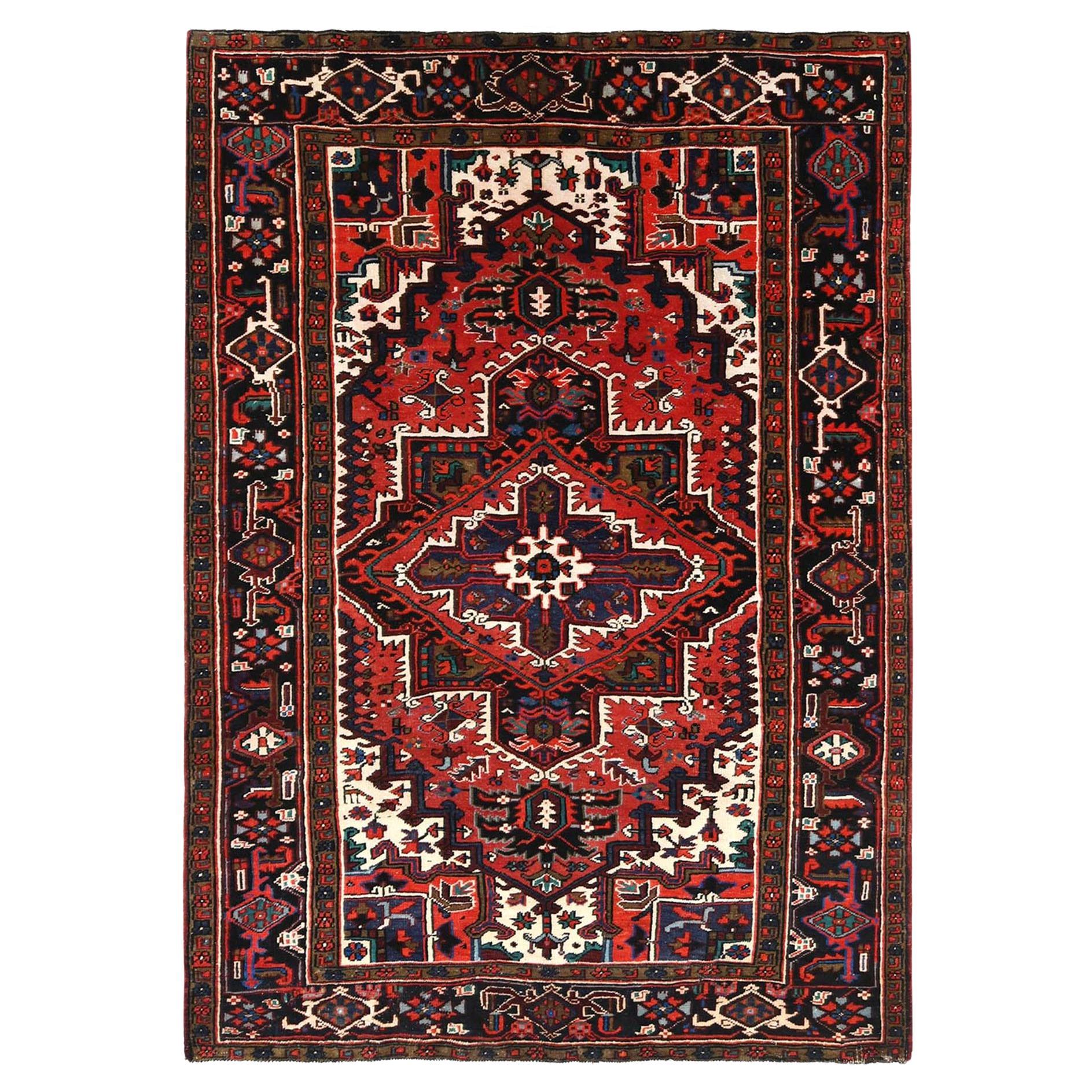 Red Hand Knotted Worn Wool Vintage Persian Heriz Good Condition Cleaned Rug