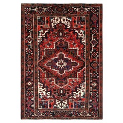 Red Hand Knotted Worn Wool Retro Persian Heriz Good Condition Cleaned Rug