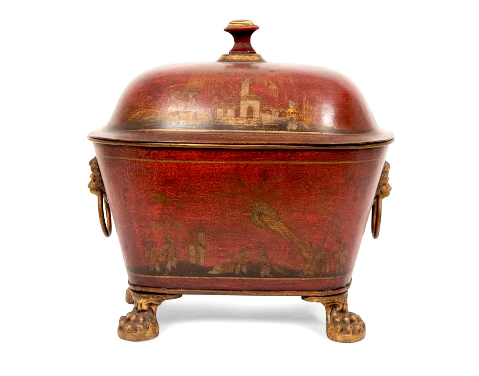19th Century Regency Style Red Hand-Painted And Tole Coal Bucket/ with Lid.  Painted with Red and Gilt Chinoiserie Decoration. Domed cover with lovely original gold gilt lion head handles with gilt lion's paw feet.  



