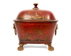 Red Hand-Painted Chinoiserie Tole Coal Bucket
