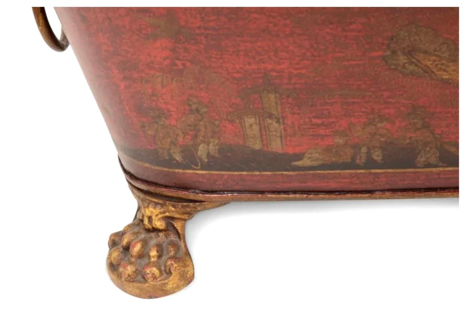 Red Hand-Painted Chinoiserie Tole Coal Bucket In Good Condition For Sale In Bradenton, FL