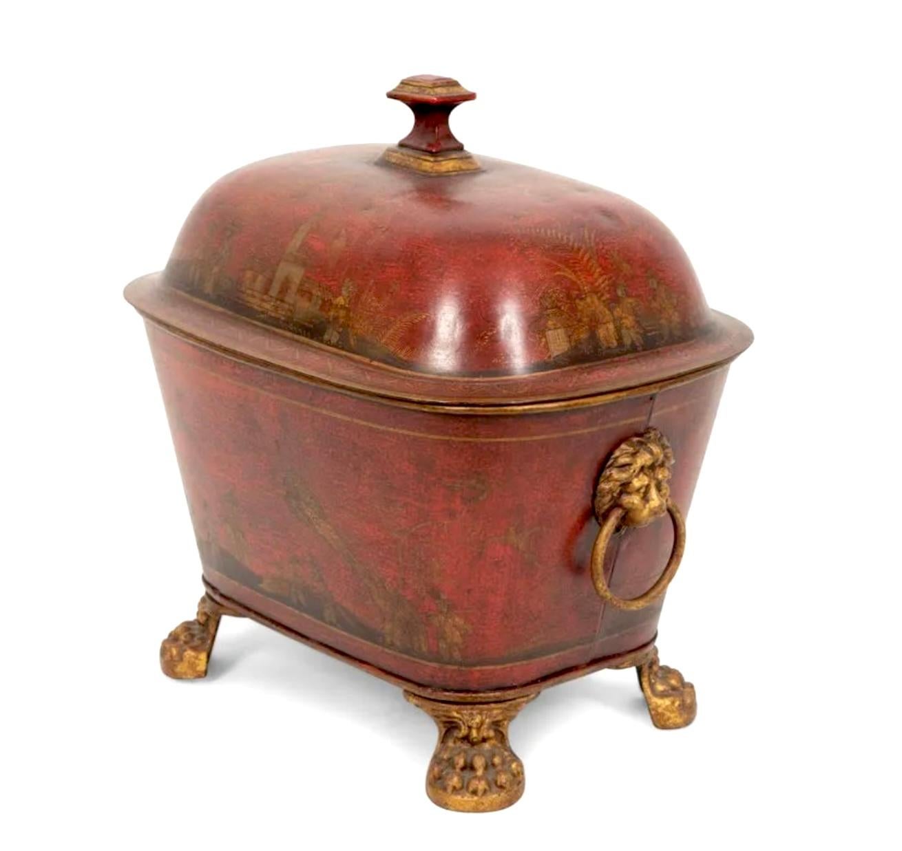 19th Century Red Hand-Painted Chinoiserie Tole Coal Bucket For Sale