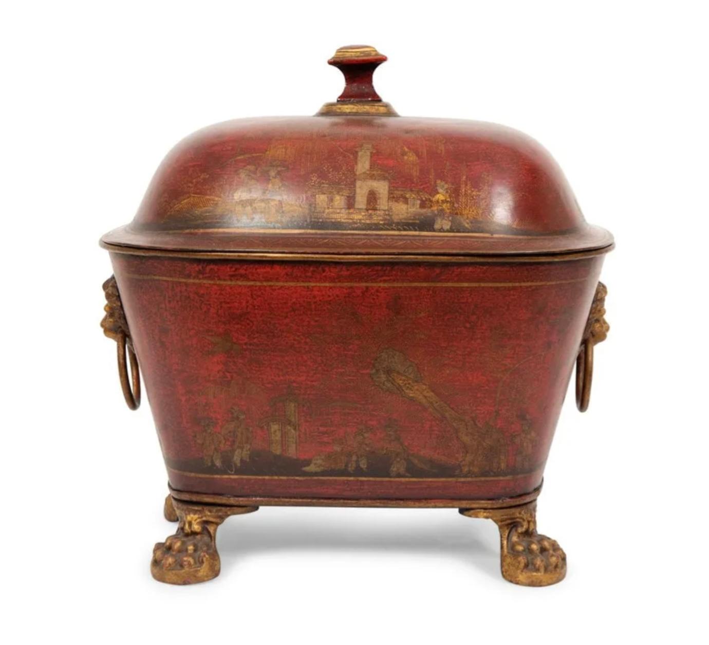 Metal Red Hand-Painted Chinoiserie Tole Coal Bucket For Sale