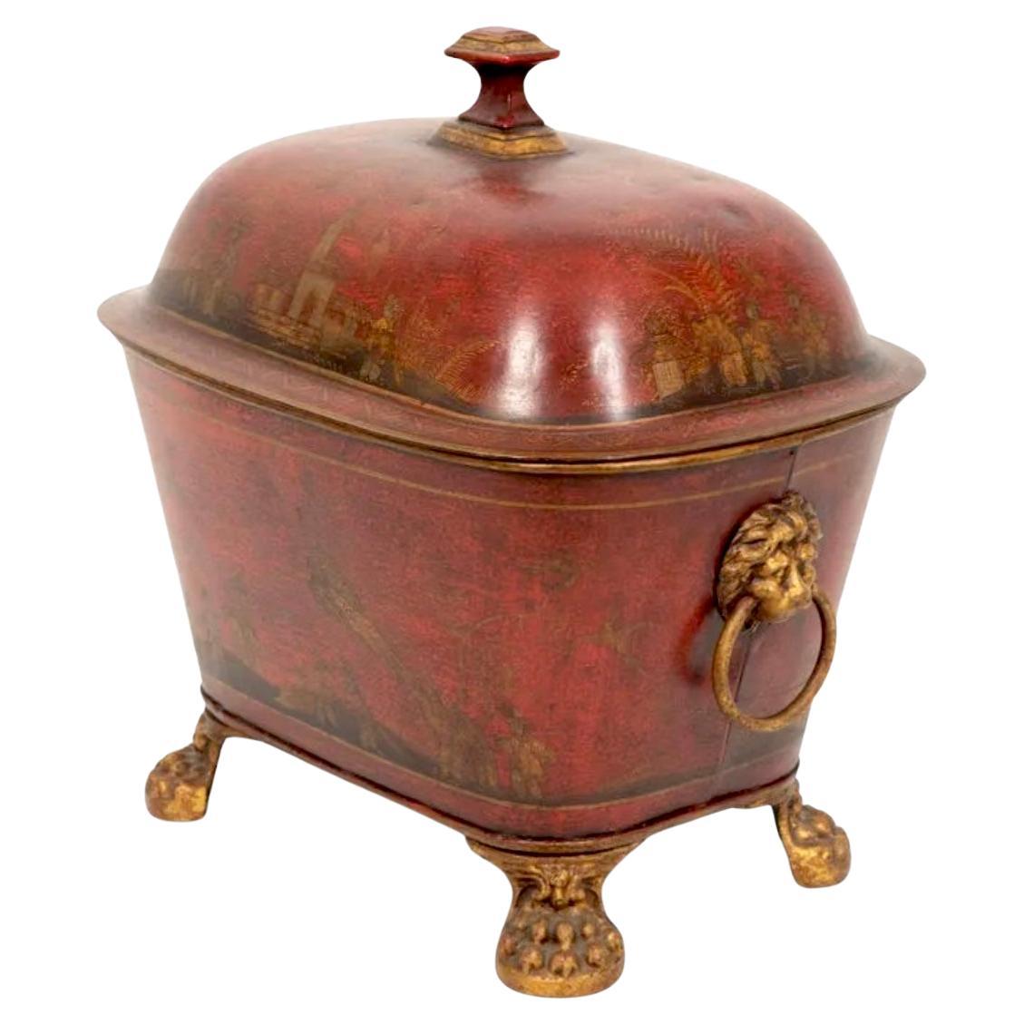 Red Hand-Painted Chinoiserie Tole Coal Bucket