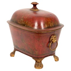 Used Red Hand-Painted Chinoiserie Tole Coal Bucket