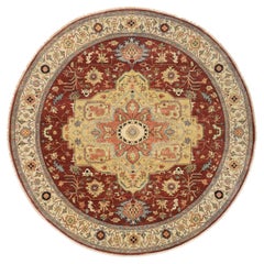 Tapis rond Heriz, fin et antique, filé à la main et noué à la main, rouge 10'0" x 10'0"