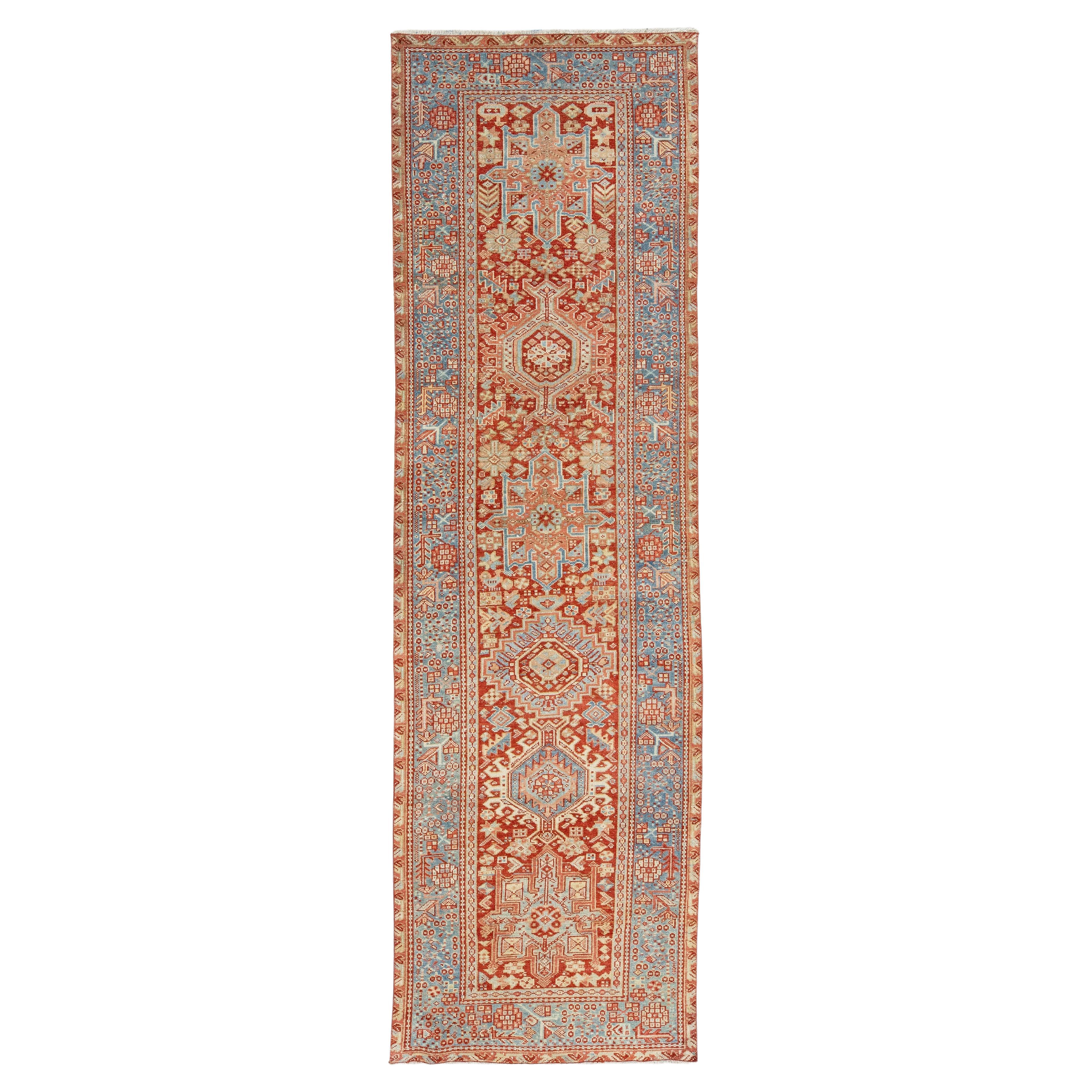 Red Handmade  Antique Heriz Wool Runner With Allover Design