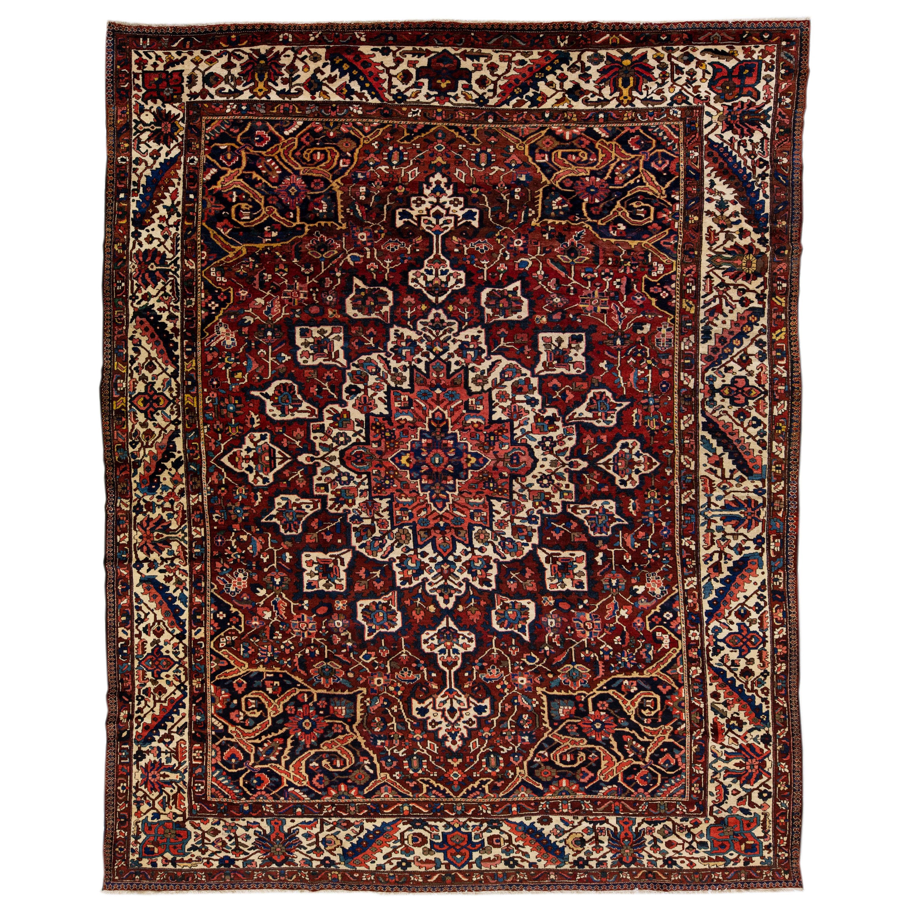 Red Handmade Antique Persian Bakhtiari Wool Rug with Medallion Motif