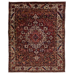 Red Handmade Antique Persian Bakhtiari Wool Rug with Medallion Motif