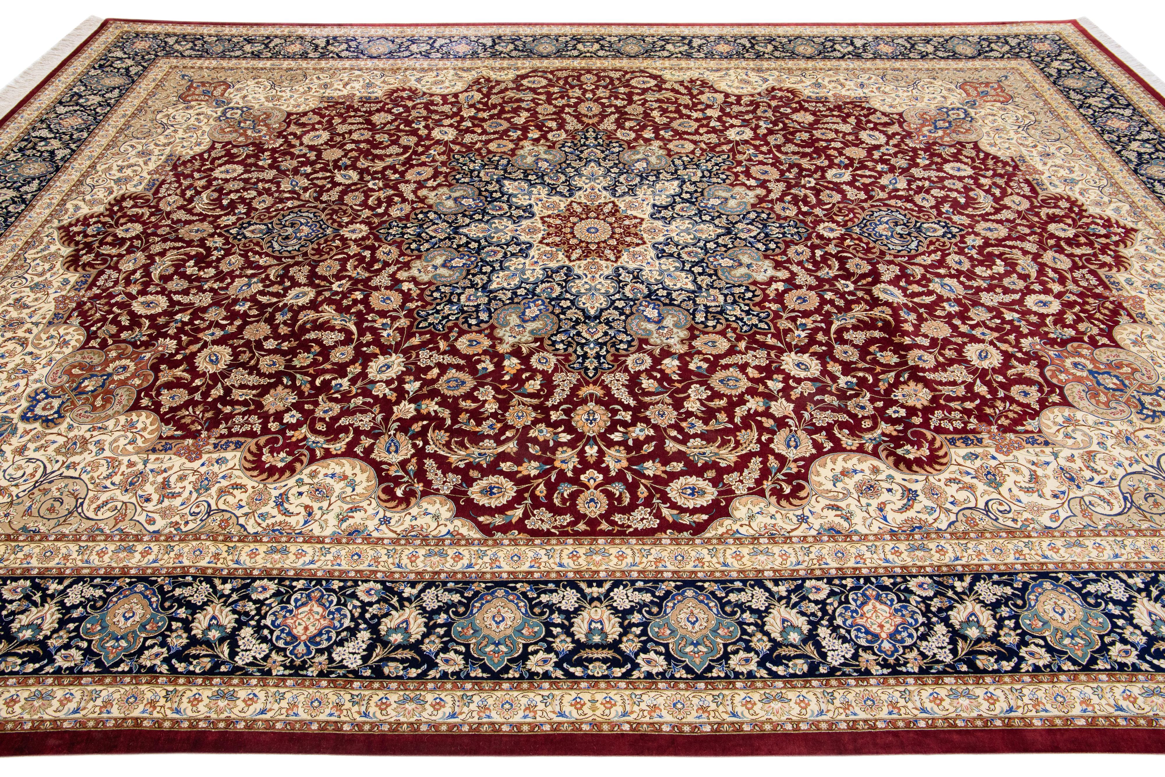 Hand-Knotted Red Handmade Antique Persian Ghoum Wool & Silk Rug with Medallion Motif For Sale