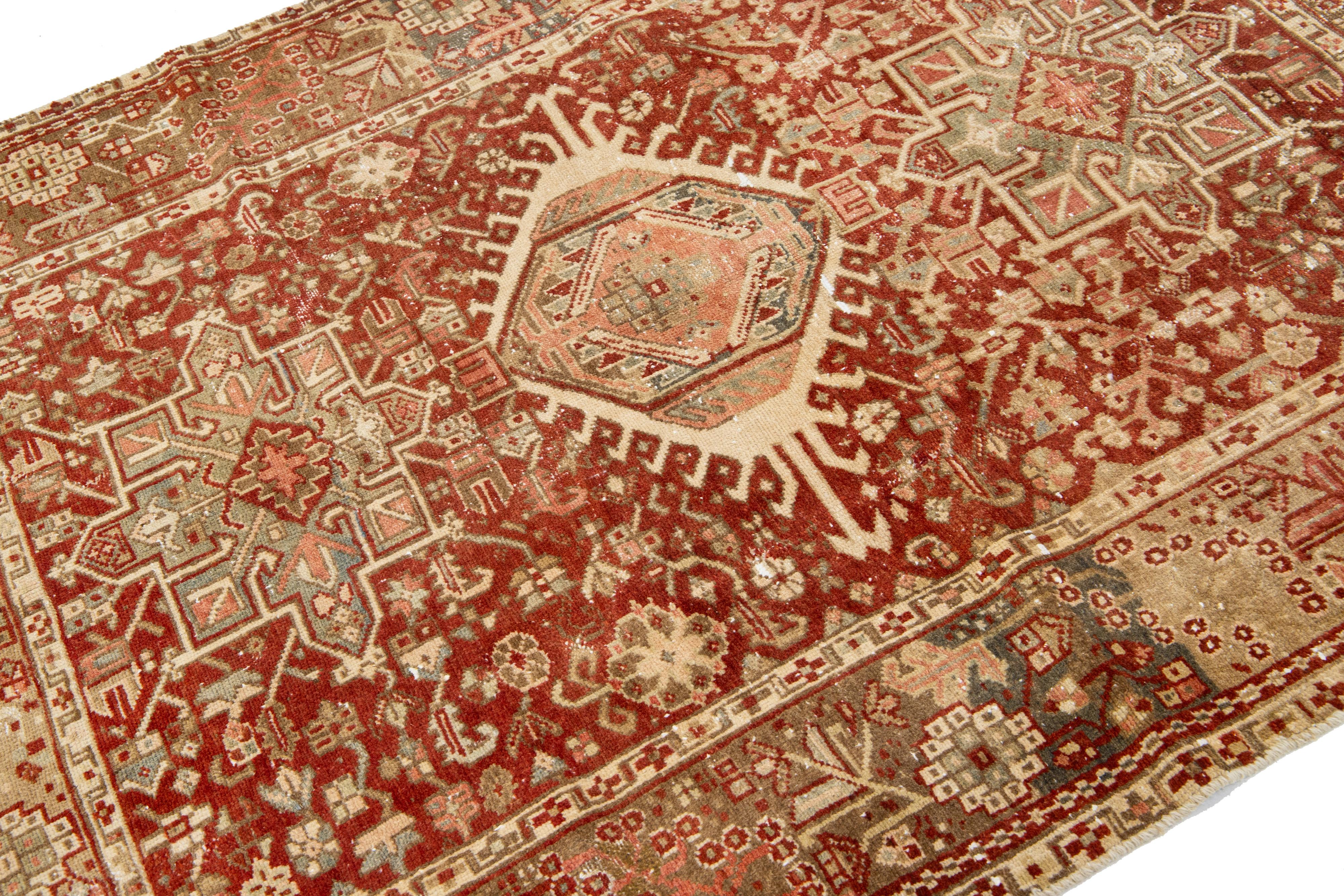 Heriz Serapi Red Handmade Antique Wool Rug Persian Heriz Featuring a Medallion Motif  For Sale
