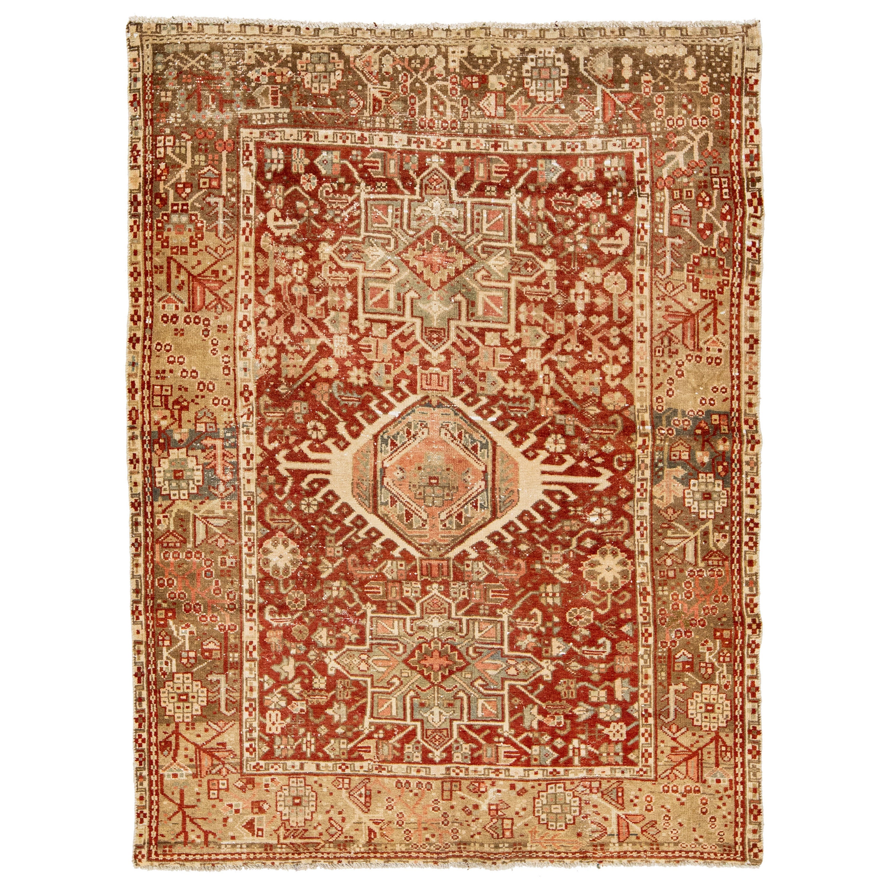 Roter handgefertigter antiker persischer Heriz-Wollteppich mit Medaillon-Motiv aus Rot im Angebot