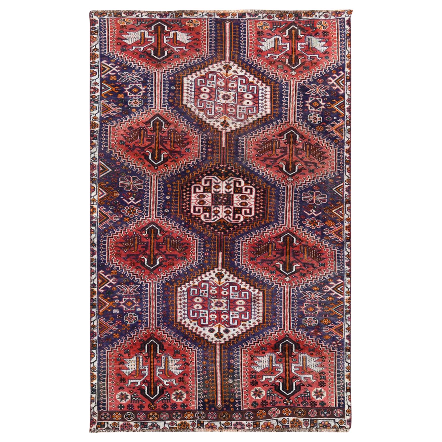 Red Handmade Persian Qashqai Vintage Worn Down Bohemian Wool Rug For Sale