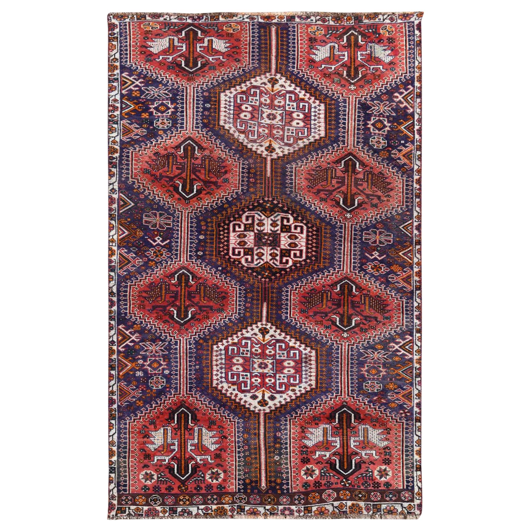 Tapis persan Qashqai vintage en laine de Bohème rouge fait à la main