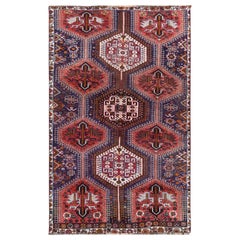 Red Handmade Persian Qashqai Vintage Worn Down Bohemian Wool Rug