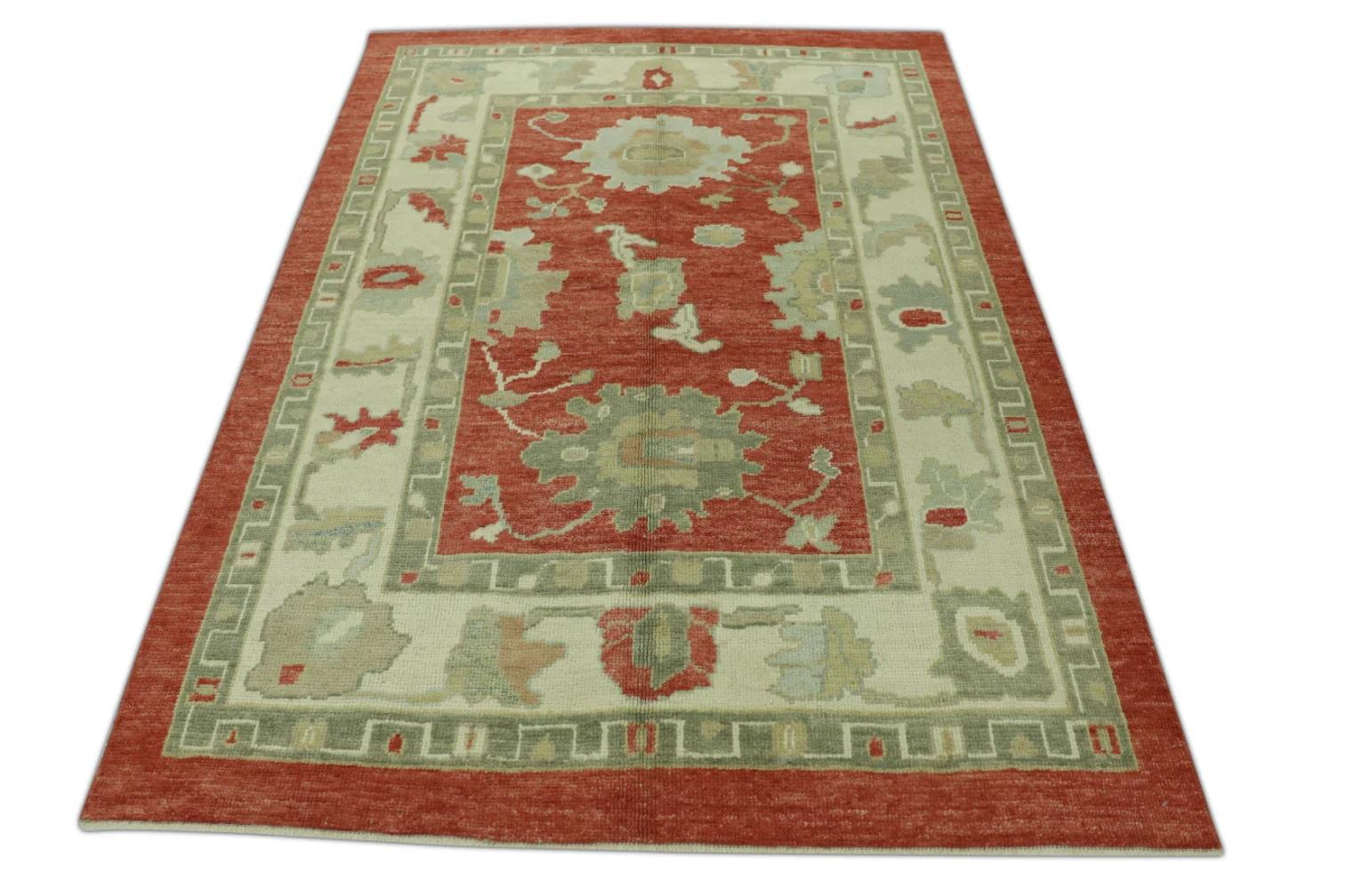 Türkischer Oushak-Teppich aus handgewebter Wolle in Rot, 5' x 6'8
