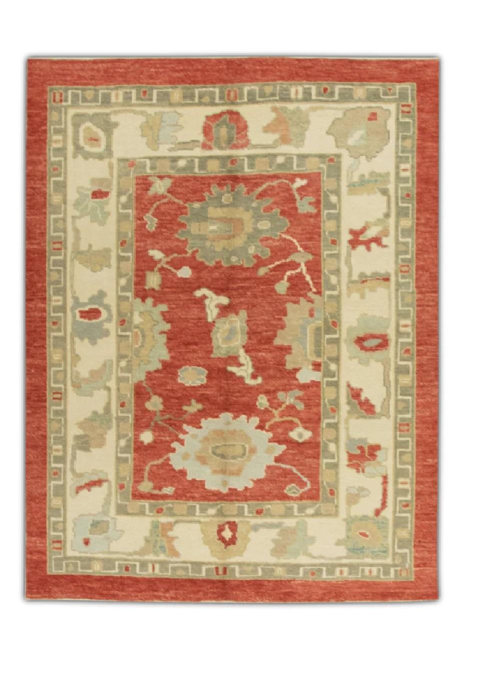 Türkischer Oushak-Teppich aus handgewebter Wolle in Rot, 5' x 6'8