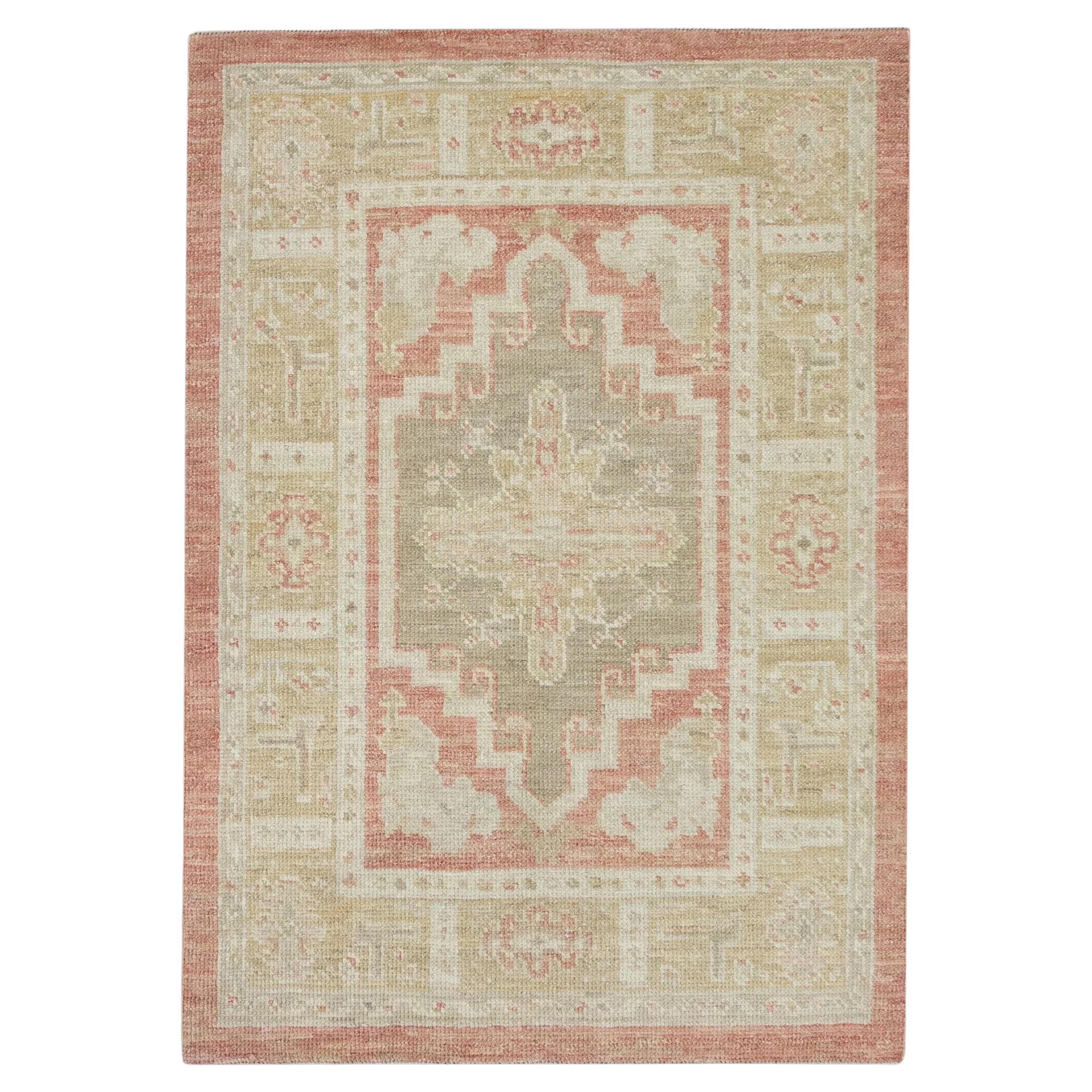 Red Handwoven Wool Turkish Oushak Rug with Medallion Design 2'11" x 4'3"