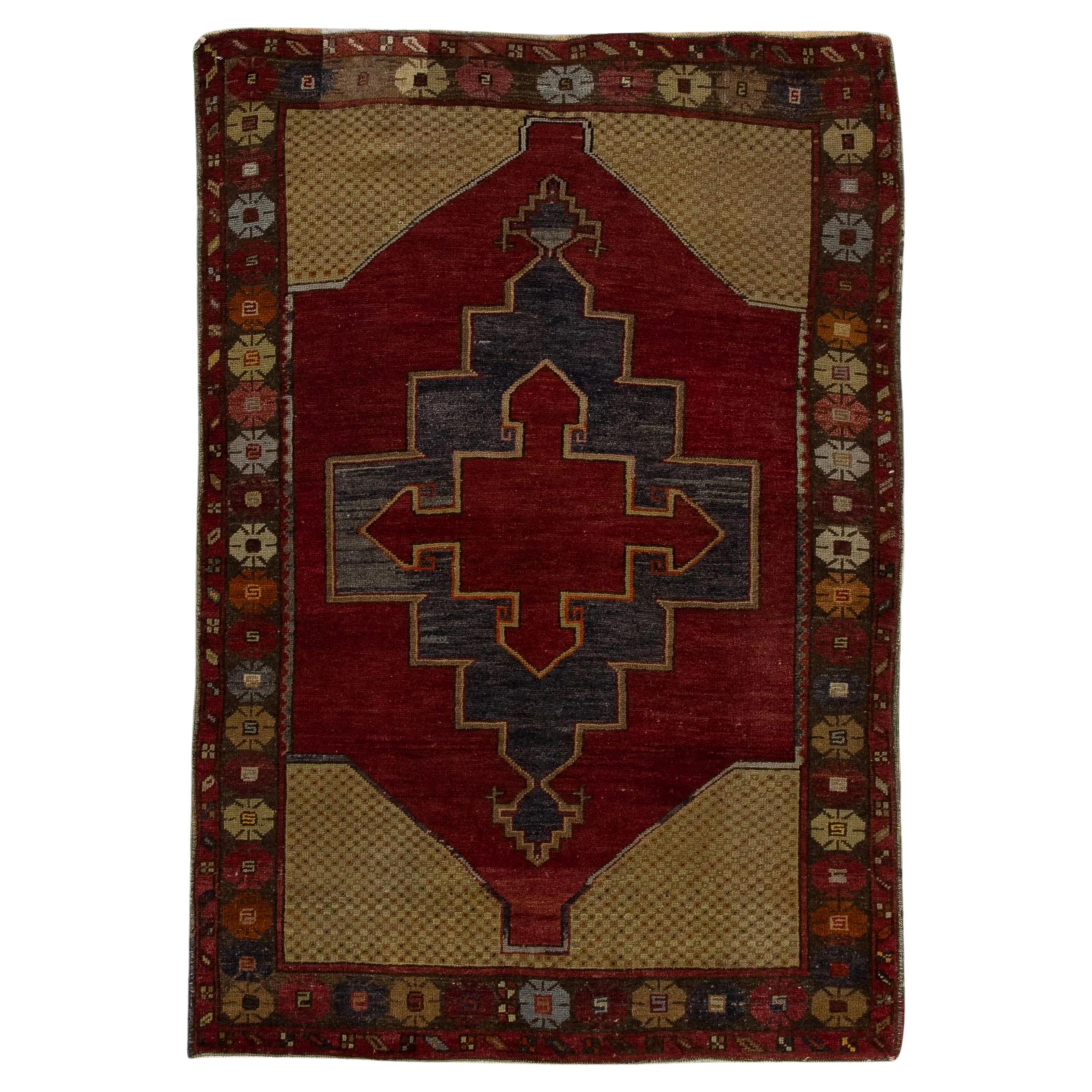 Red Handwoven Wool Vintage Turkish Oushak Rug 3'8" x 5'1" For Sale