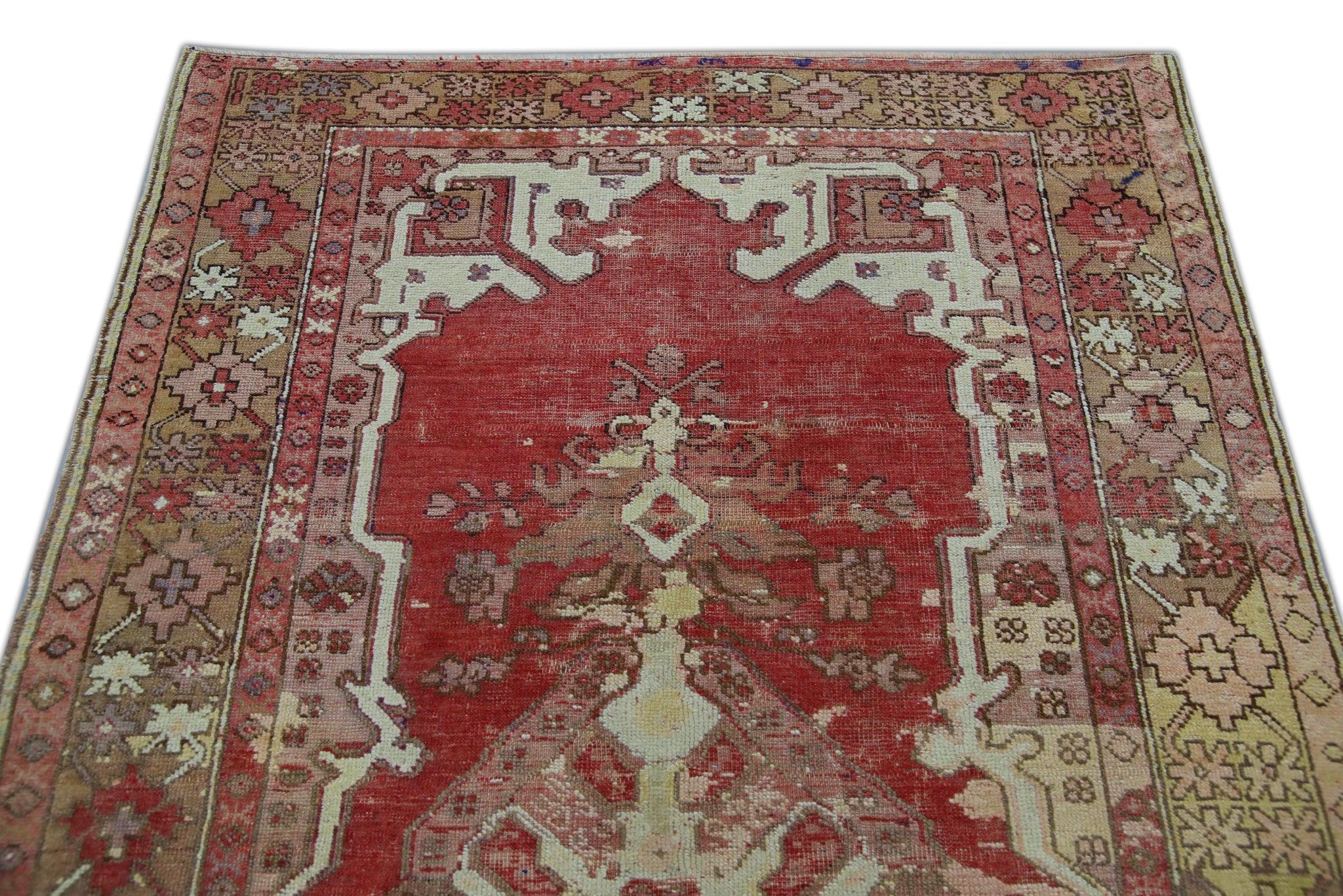 Red Handwoven Wool Vintage Turkish Oushak Rug 4'3