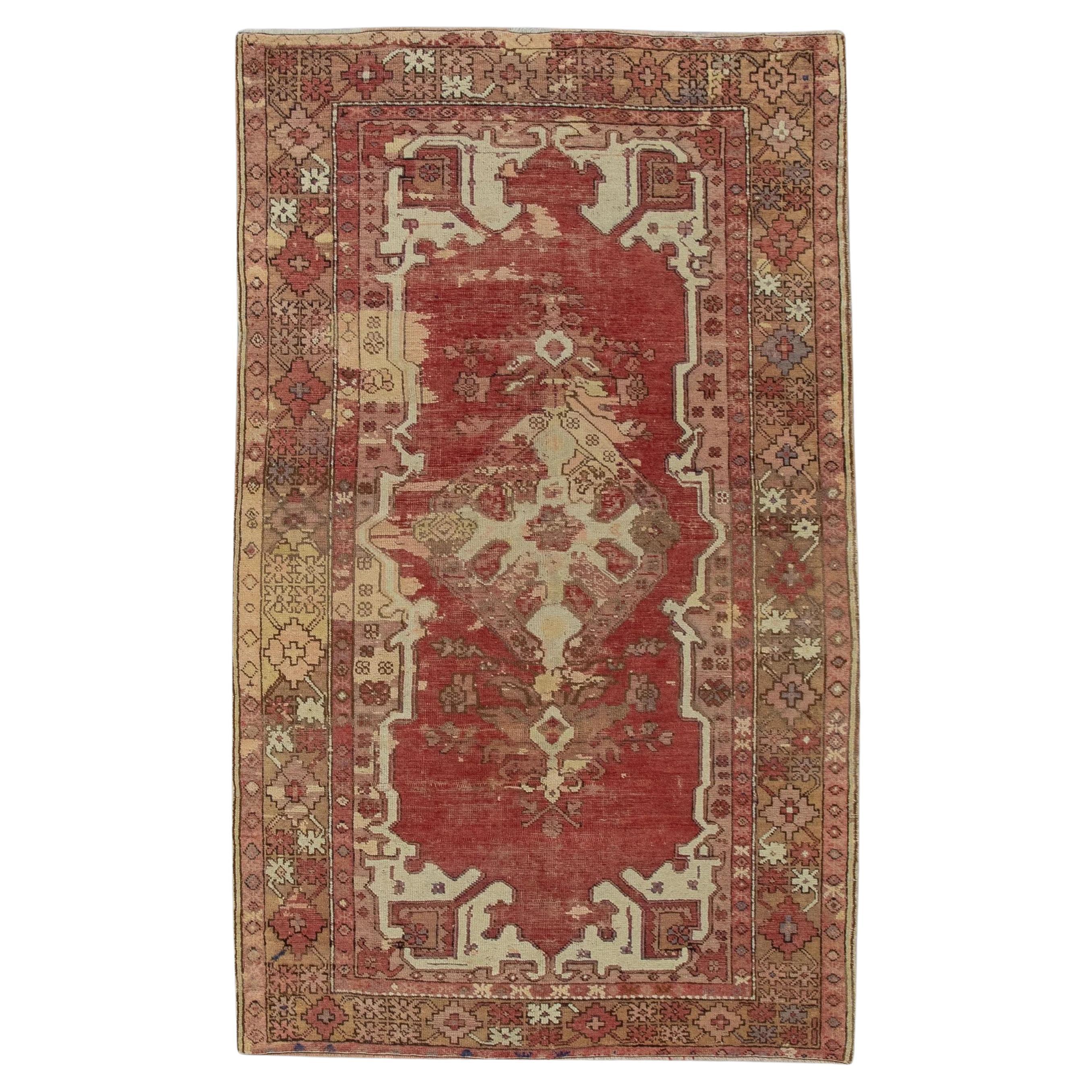 Red Handwoven Wool Vintage Turkish Oushak Rug 4'3" x 7' For Sale