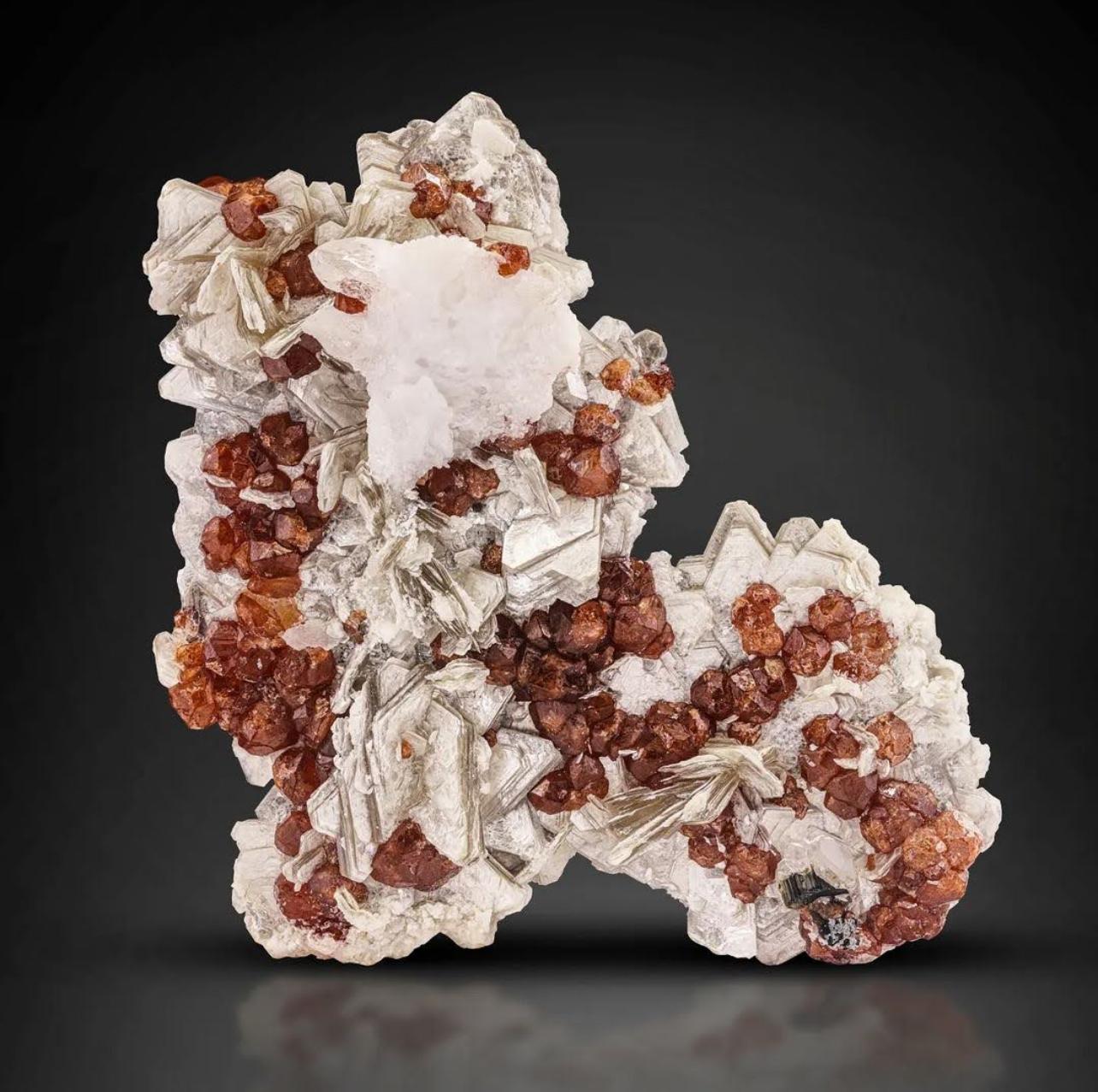 Pakistano Red Hassonite Garnet Crystals On Muscovite With Schorl From Pakistan in vendita