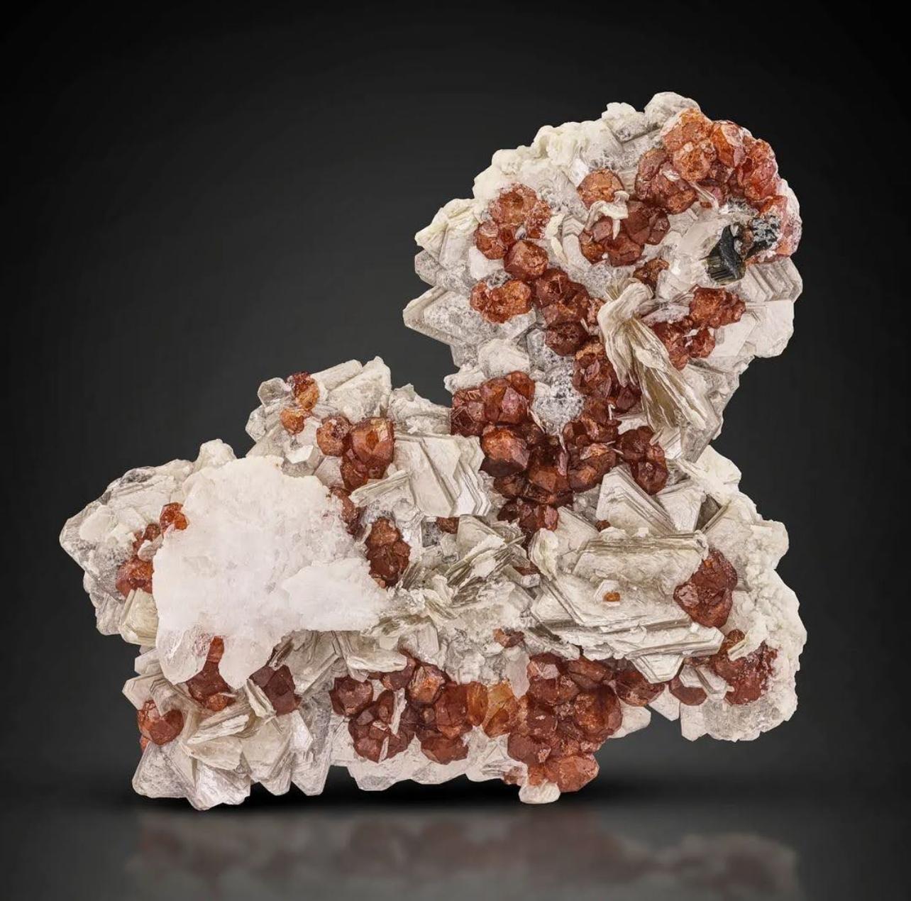 Red Hassonite Garnet Crystals On Muscovite With Schorl From Pakistan In condizioni buone in vendita a Peshawar, PK