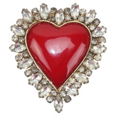 Antique Red Heart & Rhinestone Statement Brooch, C.1930