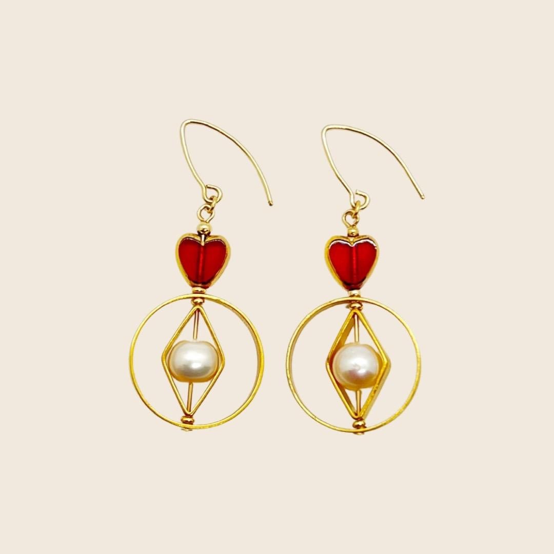 Contemporary Red Heart x Pearl Geometric Earrings For Sale