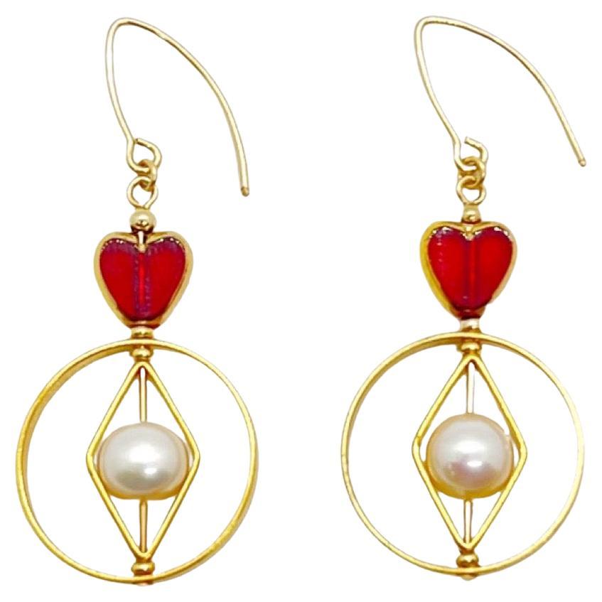 Red Heart x Pearl Geometric Earrings For Sale