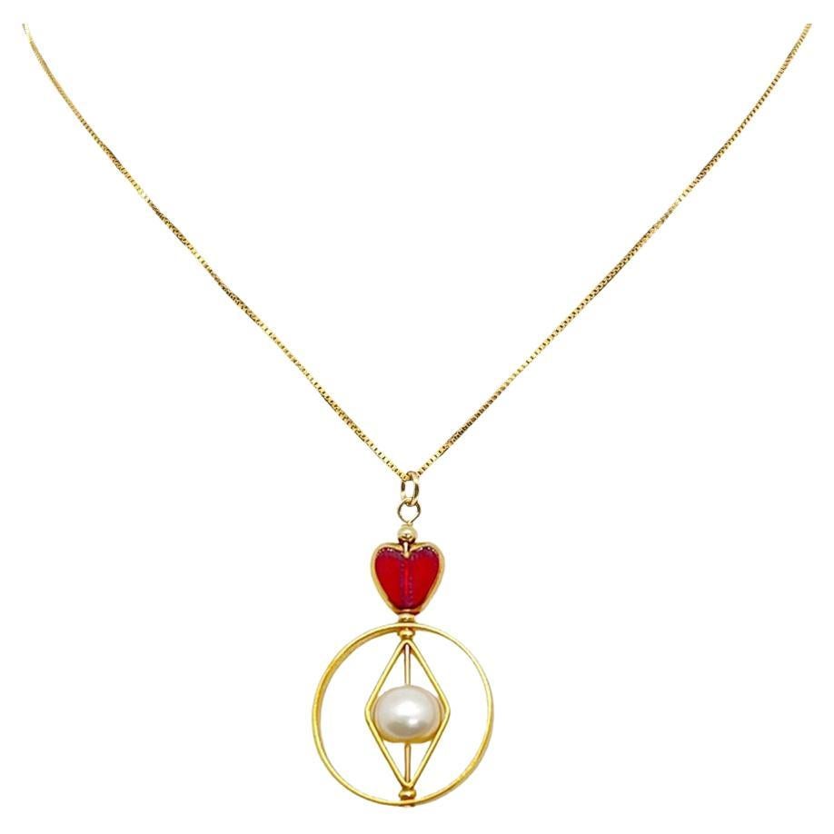 Red Heart x Pearl Geometric Necklace For Sale