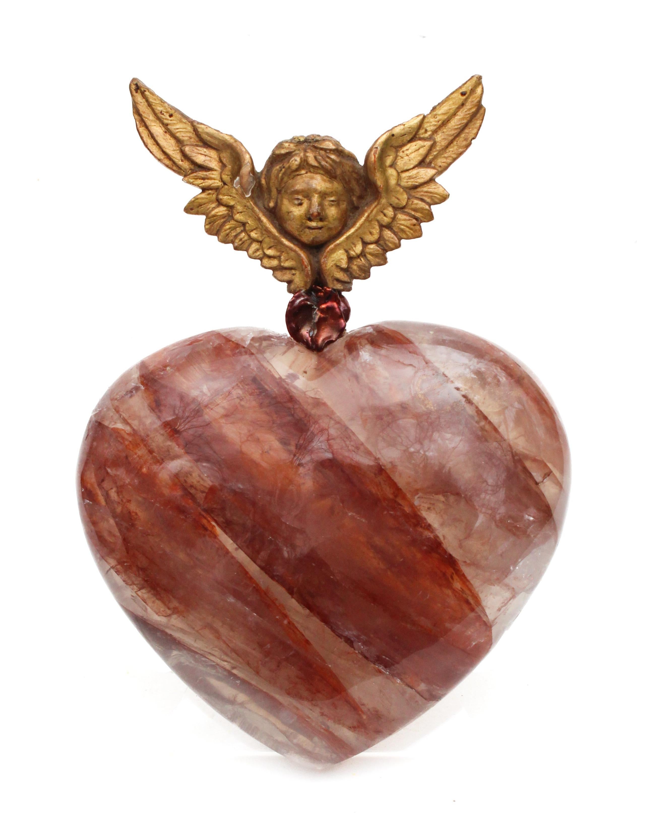 Sculptural 'Sacred Heart' - 18th century Italian gilded angel mounted on a polished red hematoid quartz heart and adorned with a natural-forming baroque pearl.The piece is inspired by 