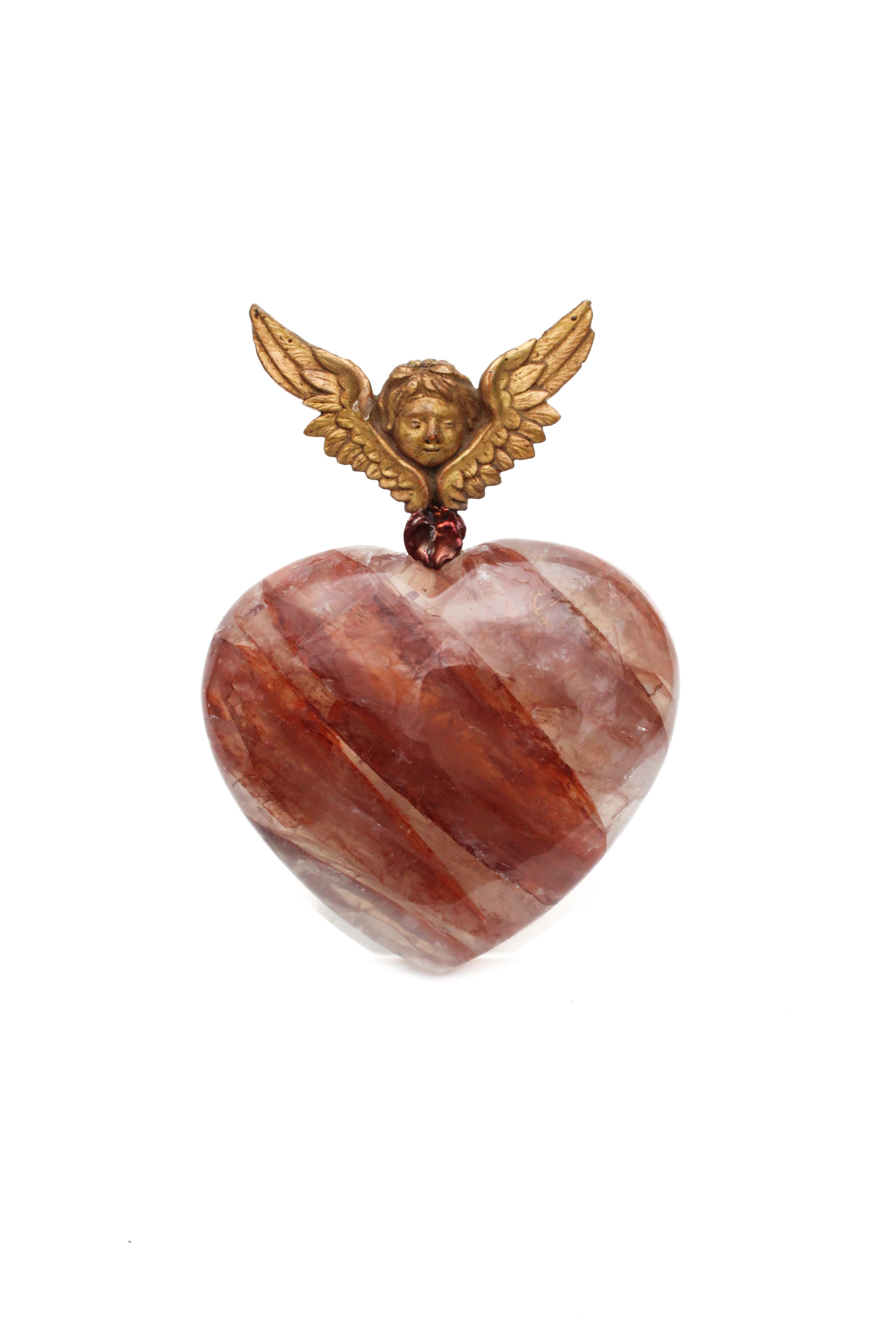 Rococo Red Hematoid Quartz Heart with an 18th Century Italian Angel and a Baroque Pearl For Sale