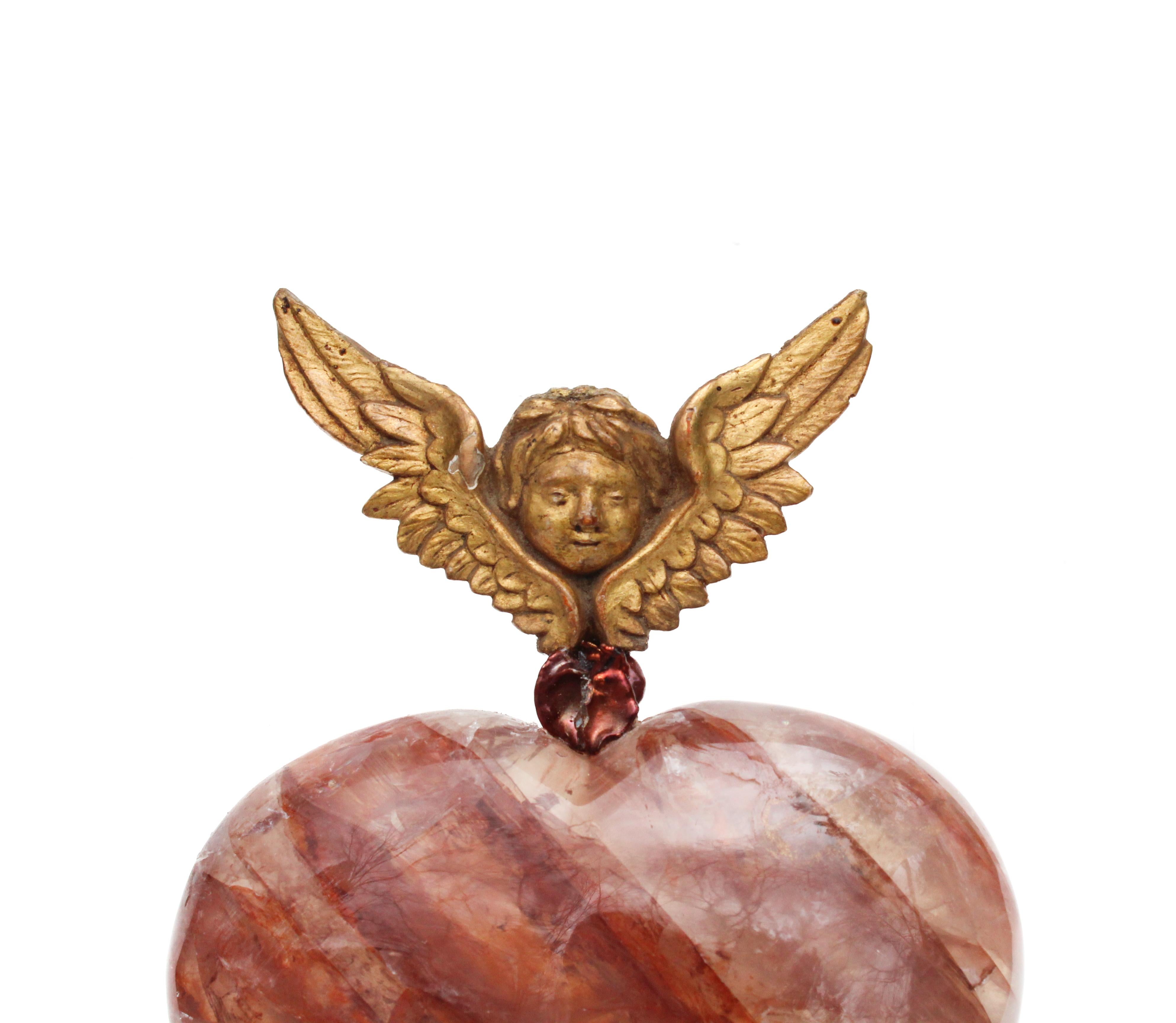 Hand-Carved Red Hematoid Quartz Heart with an 18th Century Italian Angel and a Baroque Pearl For Sale