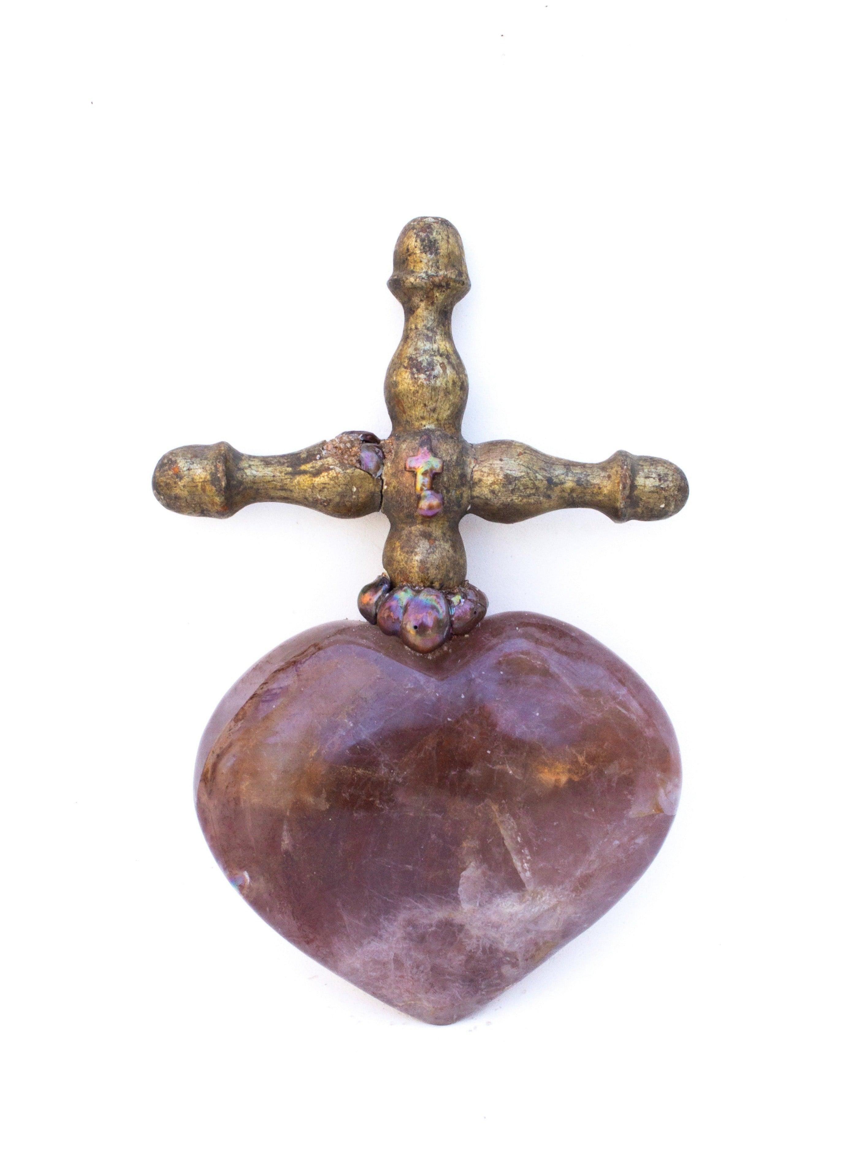 Sculptural 'Sacred Heart' - 18th century Italian cross mounted on a polished red hematoid quartz heart and adorned with natural-forming baroque pearls and a cross-shaped baroque pearl. The piece is inspired by 