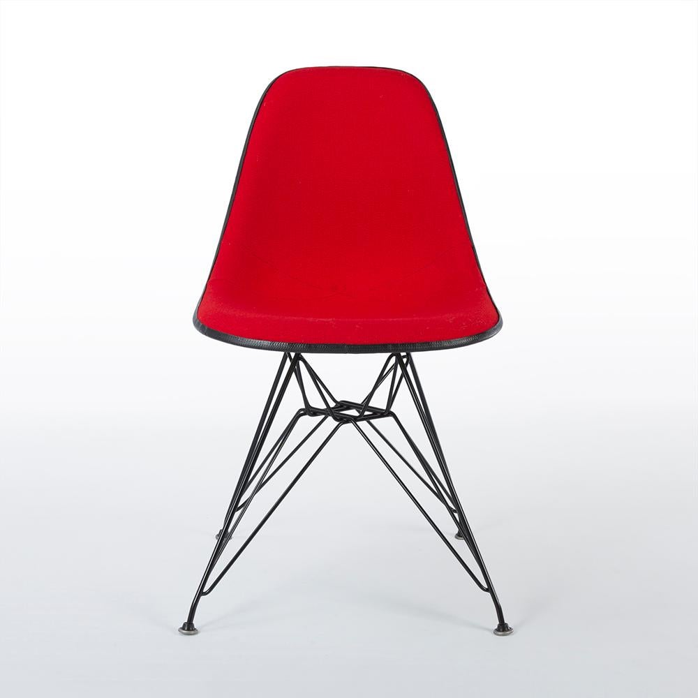 A beautifully revitalised Classic. This original white Eames side shell chair for Herman Miller is finished in its revitalised bright red fabric finish which looks fantastic on the used, newer, black Eiffel base.