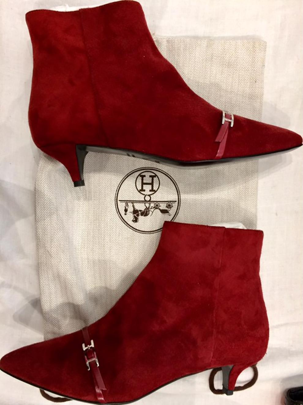 Red Hermes Deep Red Suede Leather Boots Shoes 6