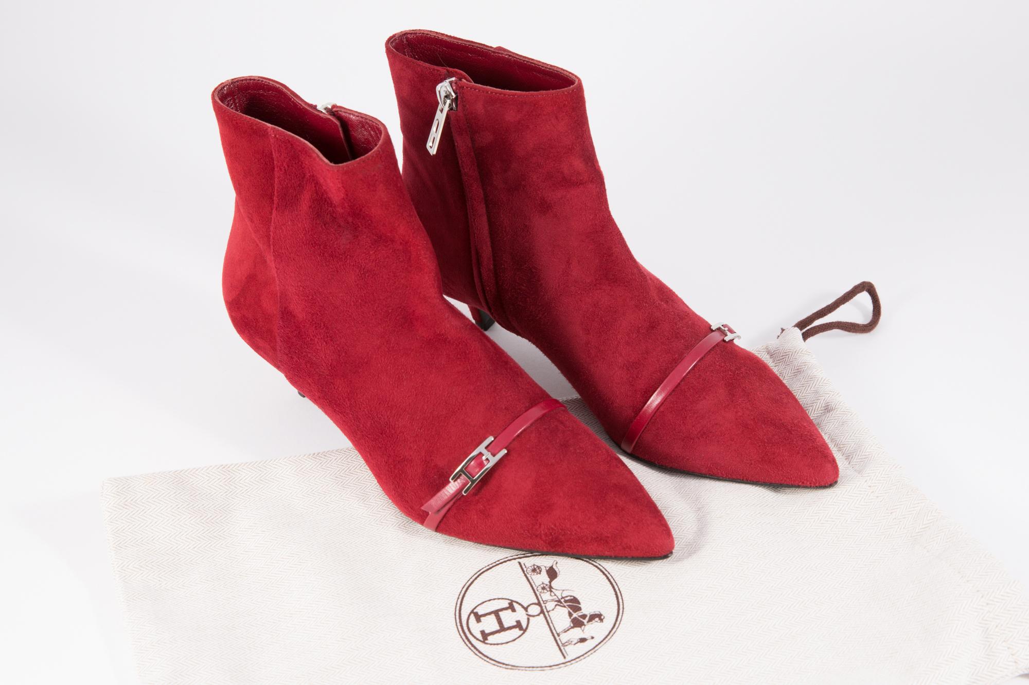 Red Hermes Deep Red Suede Leather Boots Shoes 2