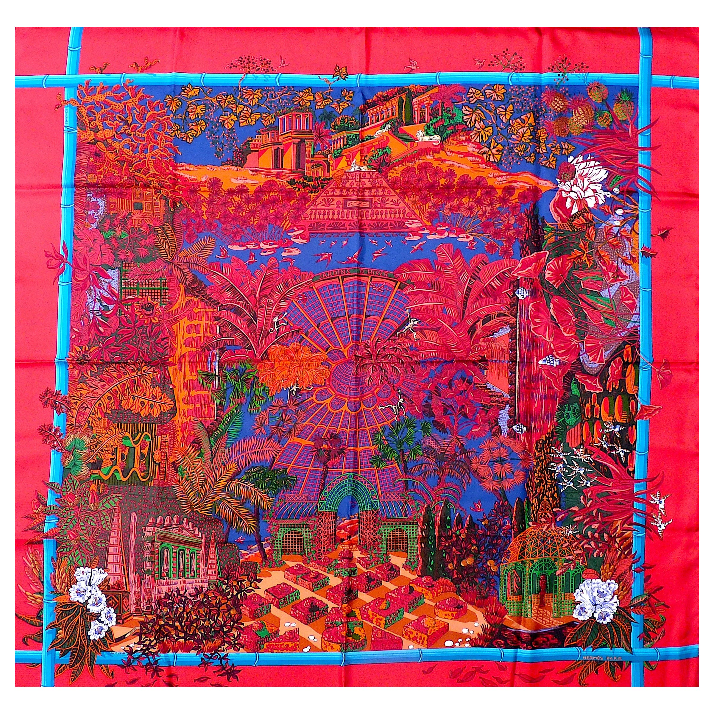 Foulard en soie Hermès rouge 35" NEUF avec boîte "Jardins d'Hiver" par Annie Faivre