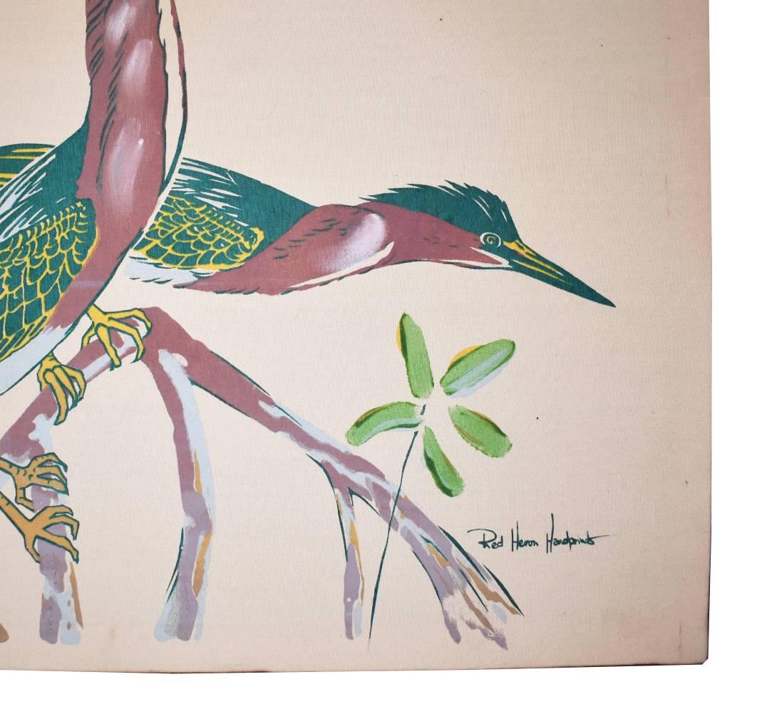 Mid-Century Modern Red Heron Screen Print Painting on Canvas