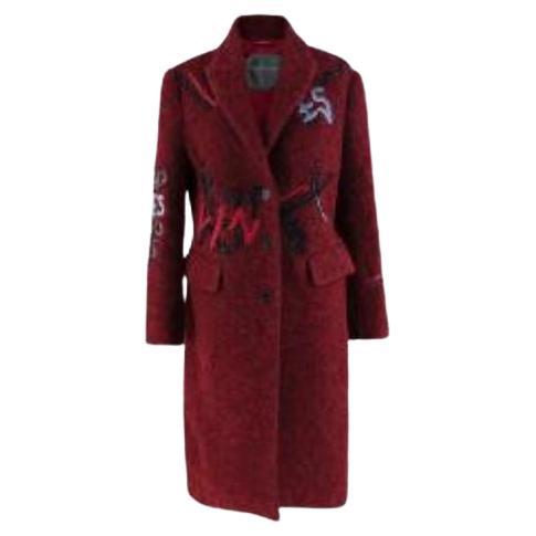 Red Herringbone Tweed Embroidered Coat For Sale