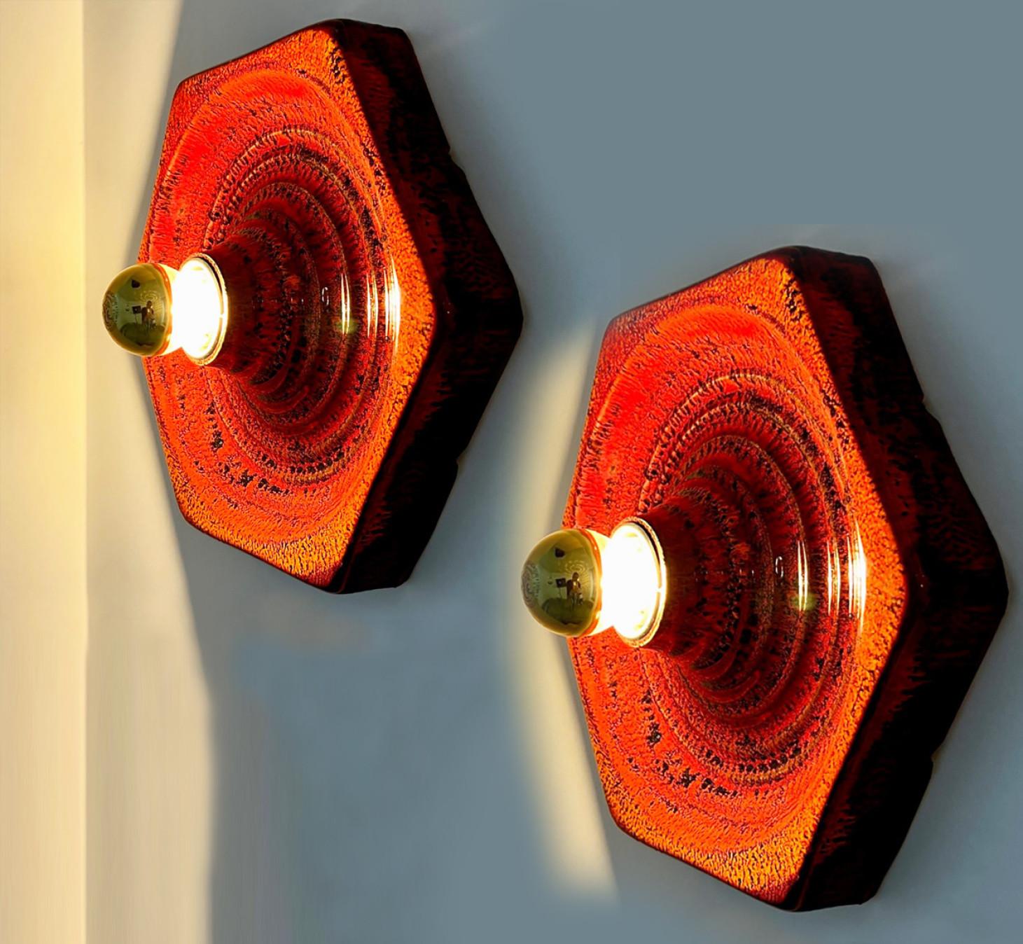 Late 20th Century Red Hexagonal Ceramic Wall Lights by Hustadt Keramik, Germany For Sale